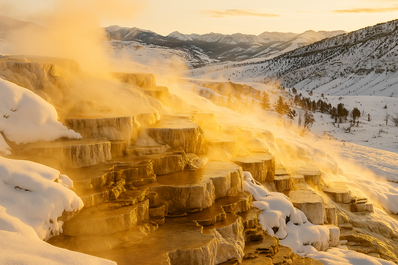 Mammoth Hot Springs glowing through the mist — nature’s art in wintertime.