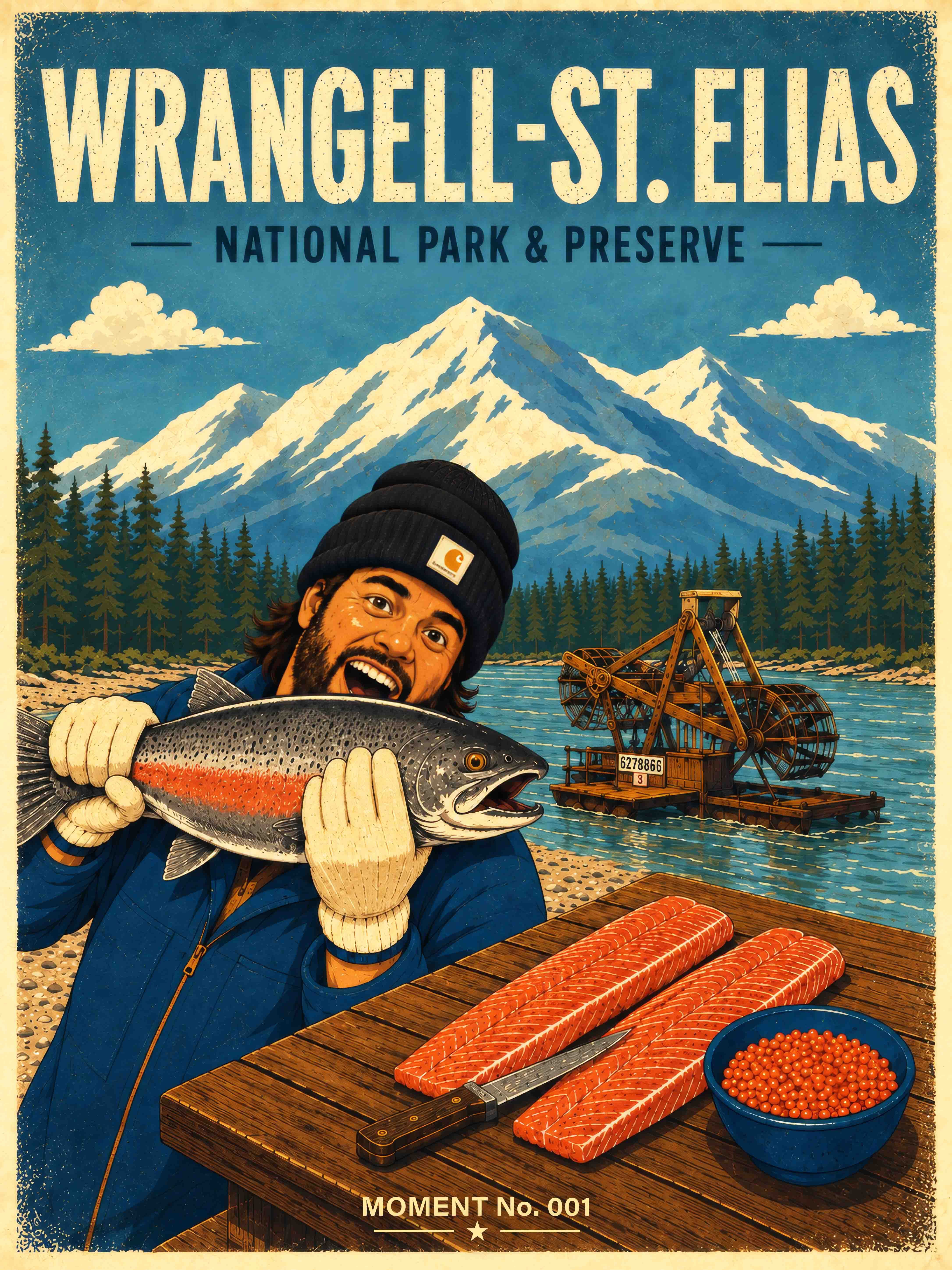 Vintage-inspired MOMENT No. 001 artwork depicting a fisherman holding a wild salmon beside a traditional fish wheel in Wrangell&ndash;St. Elias National Park & Preserve, Alaska.