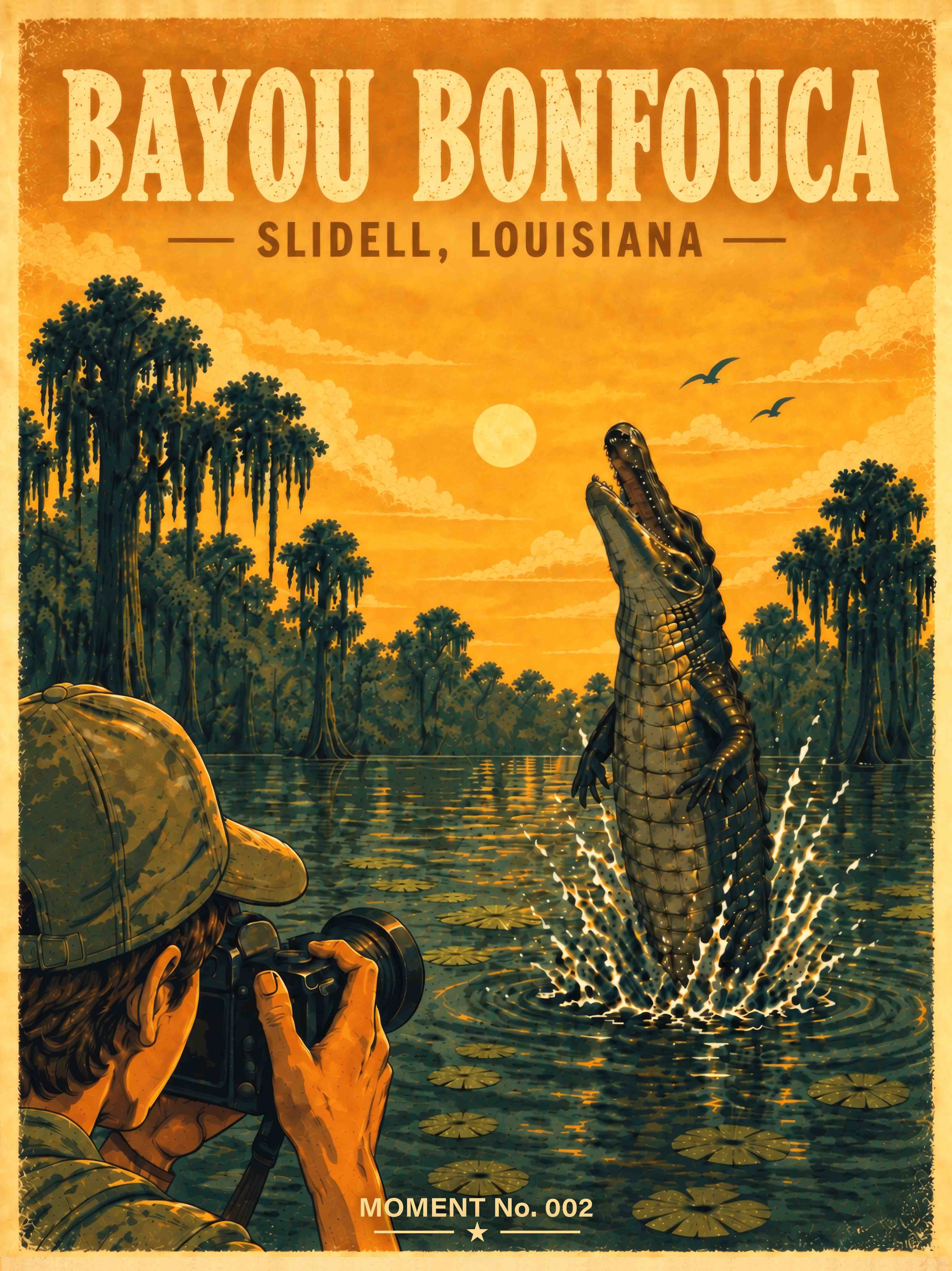 MOMENT No. 002 – Bayou Bonfouca, Louisiana MOMENT No. 002 is inspired by a real travel memory in Bayou Bonfouca, Louisiana, where a quiet moment beside the dock suddenly turned into an unforgettable alligator encounter.