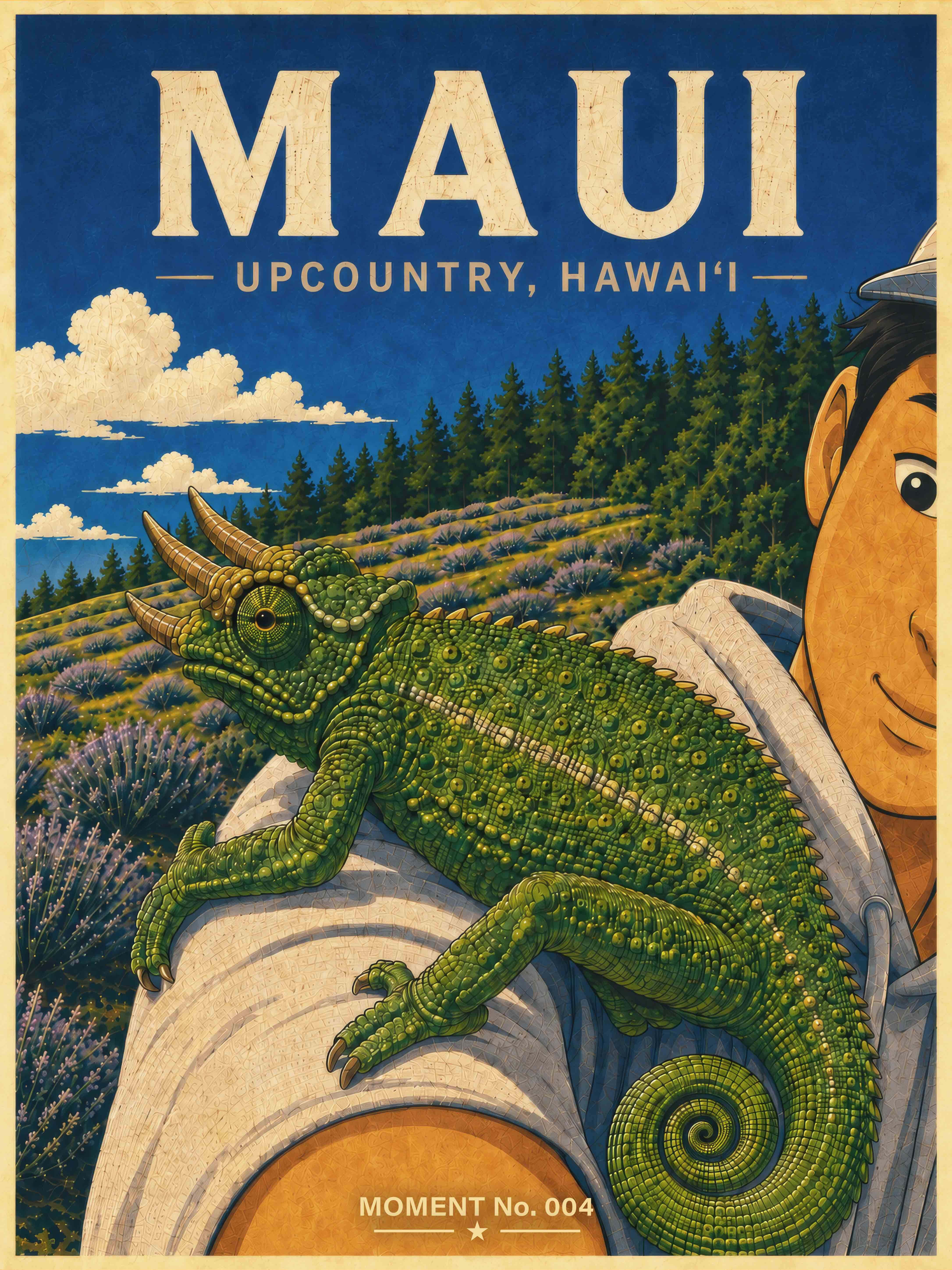 MOMENT No. 004 is inspired by a real travel memory in Upcountry Maui, where an unexpected close encounter with a Jackson&rsquo;s chameleon became one of the most memorable moments of the visit.