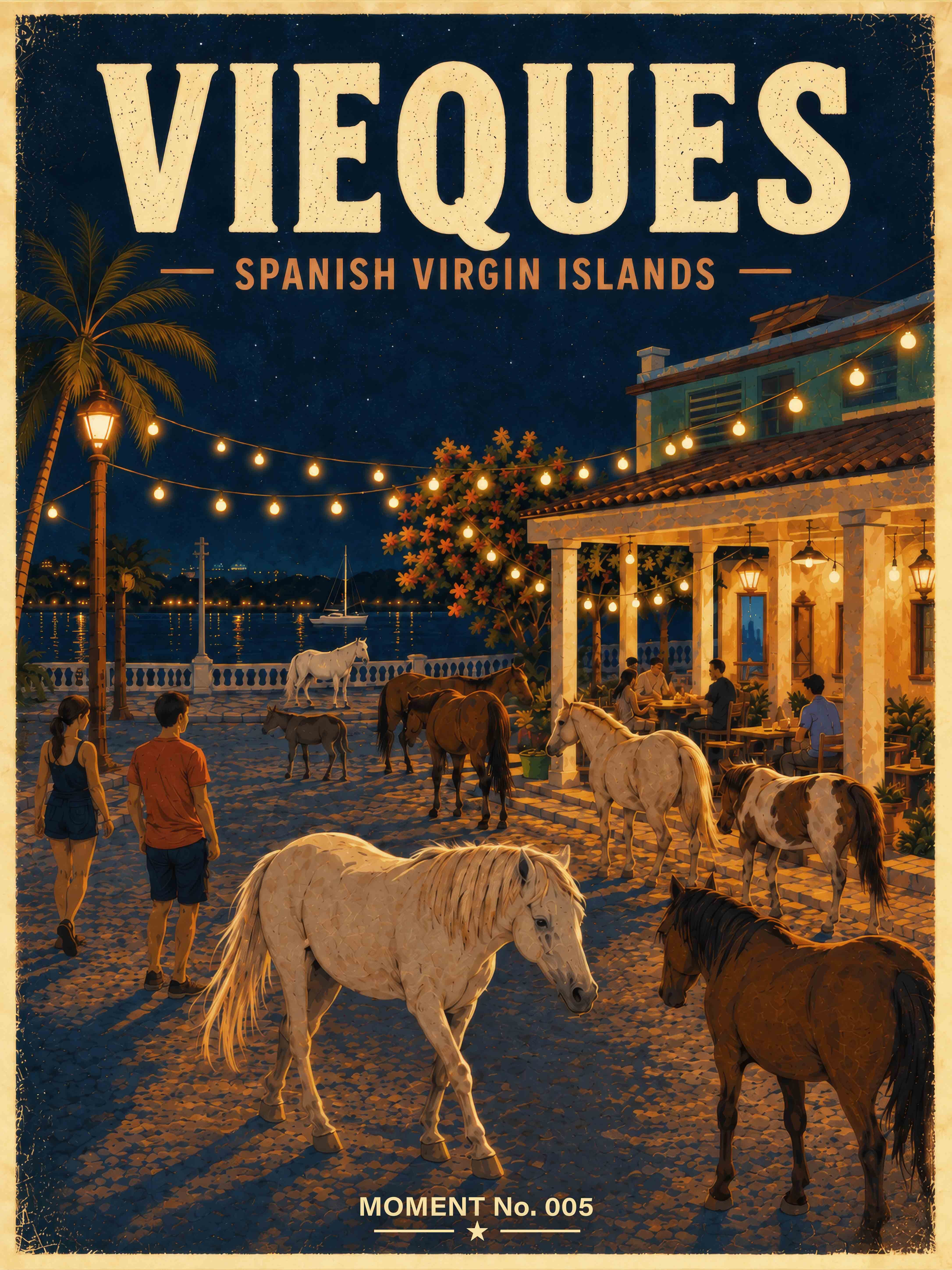 MOMENT No. 005 is inspired by a real travel memory in Vieques, Puerto Rico, where free-roaming horses wandered naturally through the nighttime streets and became part of everyday island life.