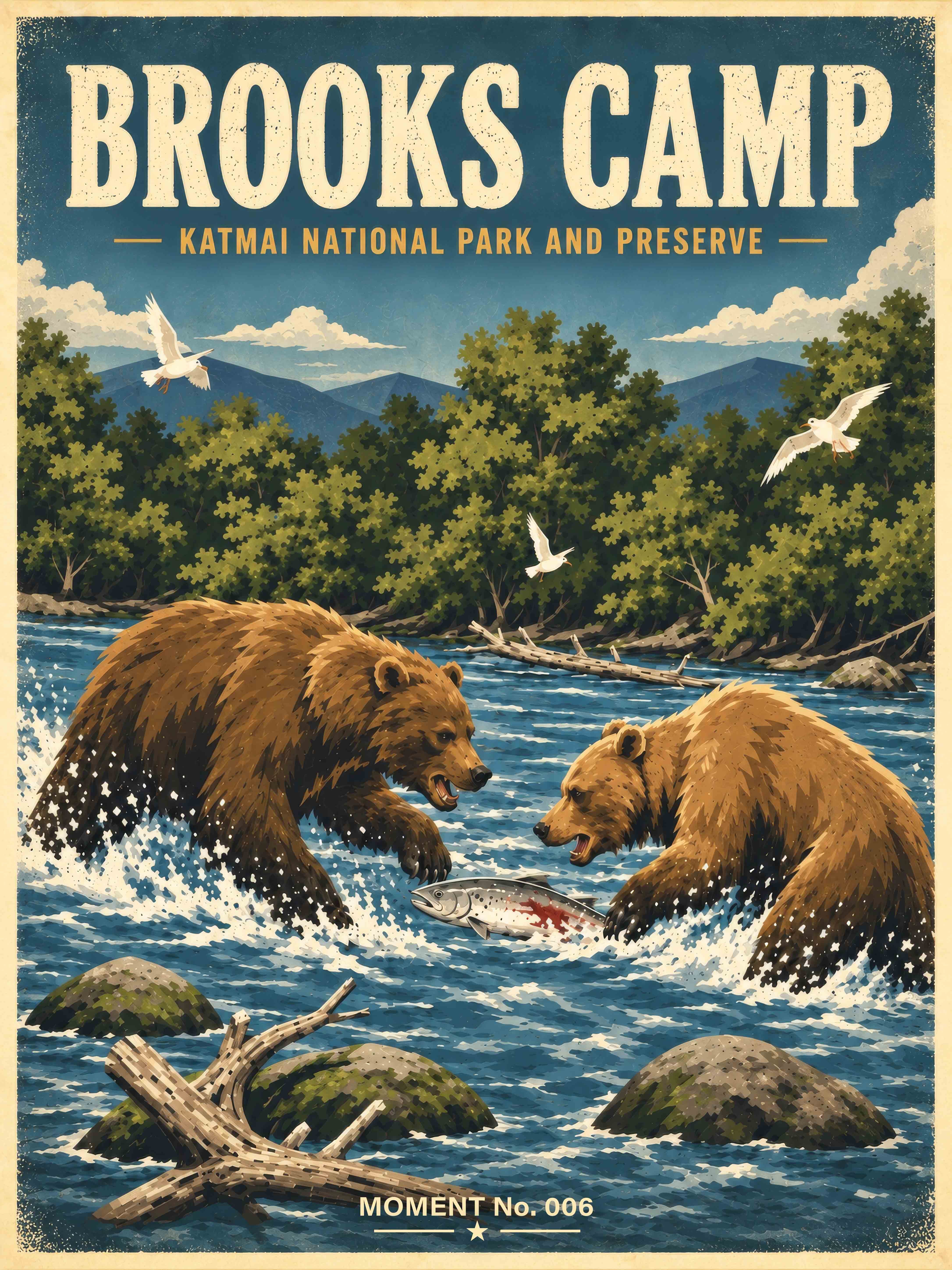 MOMENT No. 006 is inspired by a real wildlife encounter at Brooks Camp in Katmai National Park & Preserve, where brown bears gathered along the river during the salmon run and an unforgettable struggle over a fish became part of the memory.