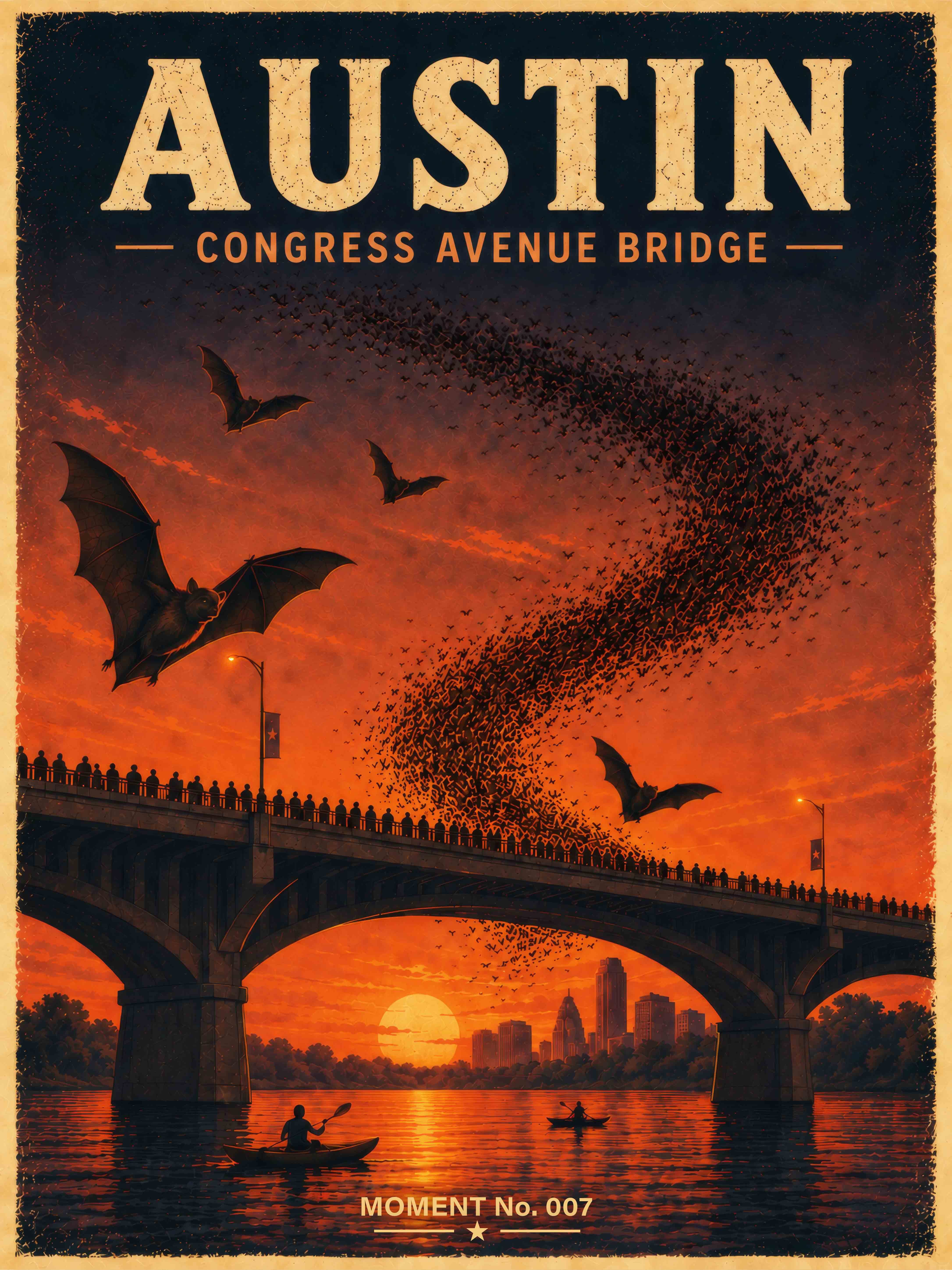 MOMENT No. 007 is inspired by a real travel memory in Austin, Texas, where thousands of bats emerged from beneath Congress Avenue Bridge at sunset and filled the evening sky.